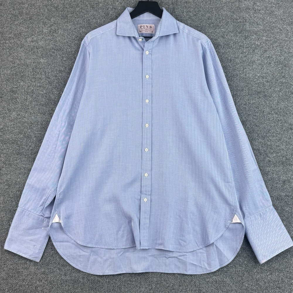 Thomas Pink Dress Shirt Mens 16.5 36 L Blue Herringbone French Cuff Ireland Made